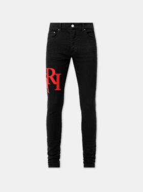 SKINNY JEANS MED FÖRSKJUTET LOGO – Svart Röd
